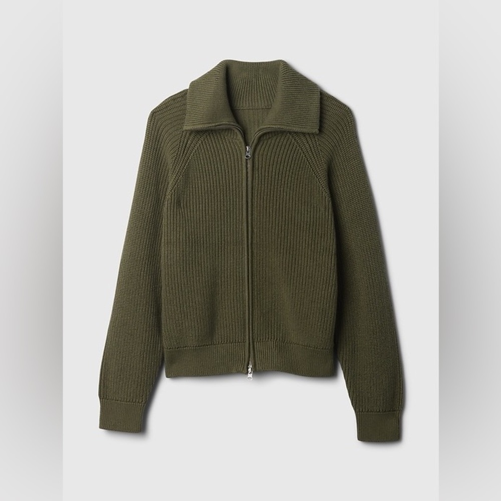 NWT! GAP Shaker-Stitch Zip Cardigan in Olive Green - Small Petite - Picture 2 of 4